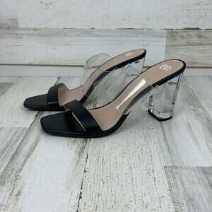 BP Womens sz 10 Naomi Black Faux Leather clear block heel sandals new